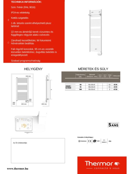 Thermor Corsaire2 (Új modell!) 500W elektromos törölközőszárító fürdőszobai radiátor